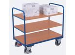 Etagenwagen, Stahl/MDF-Platte, Enzianblau/Buche-Dekor, 3 Etagen, 850 x 500 mm, EasySTOP, bis 250 kg