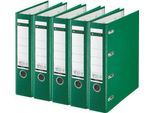 LEITZ® Doppelordner 1012, 2 x A5, Rückenbreite 75 mm, Präzisions-Hebelmechanik, Sichttasche für Rückenschild, Griffloch, Polypropylen, grün, 5 Stück