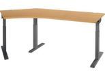 Schäfer Shop Select Winkelschreibtisch ERGO-T 2.0, 135° Winkel, Ansatz links, T-Fuß, B 2165 x T 800 x H 675-895 mm, Buche/anthrazit