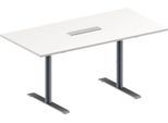Schäfer Shop Genius Konferenztisch MODENA FLEX, 6-fach Anschluss, Rechteck, T-Fuß Rundrohr, B 1600 x T 800 x H 650-850 mm, weiß/weißalu