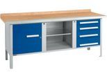 Kastenwerkbank Schäfer Shop Select PW 200-1, Buche Multiplexplatte, mit Stahlkante, bis 750 kg, B 2000 x T 700 x H 840 mm, Enzianblau