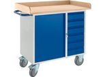 Werkbank mit Schrank, 6 Schubaden, 3-seitiger Holzumrand, 2 Lenkrollen/2 Bockrollen