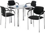 Sparset Besucherstühle, stapelbar, Bezugstoff schwarz, Sitzmaße B 450 x T 460 x H 470 mm, 4 Stück + Tisch, lichtgrau, B 800 x T 800 mm