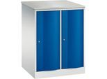 C+P Garderobenschrank Resisto, 2 Abteile, 2 Fächer, B 772 x T 640 x H 1077 mm, Lichtgrau/Enzianblau