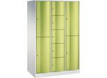 C+P Kombi-Schließfachschrank Resisto, 3 Abteile, 9 Fächer, B 1148 x T 640 x H 1950 mm, Lichtgrau/Clowngrün