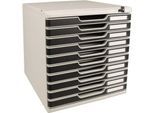 Schubladenbox MODULO, Format A4+, 10 abschließbare Schübe, geschlossen, Griffmulde & Etikettenhalter, 2 Schlüssel, Kunststoff, grau