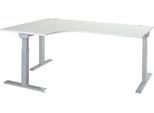 Schäfer Shop Select Winkelschreibtisch ERGO-T 2.0, 90° Winkel, Ansatz links, T-Fuß, B 2000 x T 1200/800 x H 675-895 mm, lichtgrau/weißalu