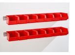 Einhängeleisten Schäfer Shop Select, 2 Stück, mit 14 Sichtlagerkästen SSI Schäfer Serie PROFI LF 221, inkl. Befestigungsmaterial, L 1135 x B 68 x T 2 mm, Stahlblech, verzinkt