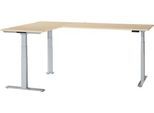 Schäfer Shop Genius Winkelschreibtisch Modena Flex, elektrisch höhenverstellbar, 90° Winkel beidseitig, B 2000 x T 2000 mm, Ahorn/weißaluminium