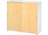 Schiebetürschrank Breno, abschließbar, Spanplatte, melaminharzbeschichtet, B 1200 x T 400 x H 1100 mm, 3 Ordnerhöhen, weiß/Ahorn