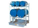 Fassregal Typ 800 Variante 3 CEMO, mit Fassauflage und Auffangwanne, für 2 x 200 I u. 3 x 60-I-Fässer, L 1410 x B 1280 x H 1620 mm