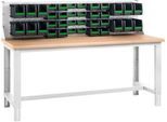 Systemwerkbank Bott cubio, mit Aufsatzrahmen und Schlitzplatte, Buche-Multiplexplatte, bis 800 kg, B 2000 x T 750 mm, Lichtgrau