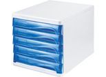 Schubladenbox helit, 5 Schübe, DIN A4, B 265 x H 250 x T 340 mm, Polypropylen, Gehäuse weiß/Schublade blau transparent