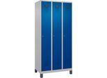 Kleiderspind C+P Evolo Plus, 3 Abteile, Anschlag rechts, Zylinderschloss, B 900 x T 500 x H 1950 mm, weißaluminium/enzianblau