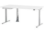 Schreibtisch, elektrisch höhenverstellbar, Rechteck, T-Fuß, B 1600 mm, weiß/weißalu + Schublade & Kabelspirale