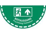moedel Fußbodenaufkleber „Notausgang – Fluchtweg freihalten“, nach ISO 7010 E002, PVC-Folie, rutschhemmend, Halbkreis B 900 x H 450 mm