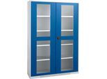 Schäfer Shop Genius Flügeltürenschrank FS, Stahl, Sichtfenster, Lüftungslöcher, B 1343 x T 520 x H 1950 mm, 5 OH, Weißalu/Enzianblau, bis 750 kg