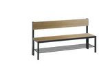 Sitzbank Basic Plus, 1-seitig, Rückenlehne, mit Schuhrost, 4-Fußgestell schwarzgrau RAL 7021, B 1500 mm, Dekor Eiche Ser.