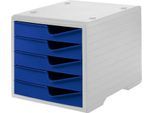 Schubladenbox styro® styroswing, 5 Schübe, Auszugsperre & Griffmulde, stapelbar, B 270 x T 340 x H 255 mm, Polystyrol, grau-blau