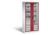 C+P Akkuladeschrank Comfort mit Sichtfenster aus Acrylglas und Schubladenblock, H 1950 x B 930 x T 500 mm, Lichtgrau/Lichtblau
