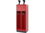 Feuerwehrspind C+P Evolo Youngster, 2 Abteile, mit Helmhalter, mit Sockel, B 600 x T 500 x H 1630 mm, RAL 3000 Feuerrot/RAL 7016 Anthrazitgrau