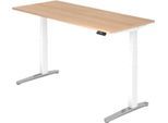 Schreibtisch TOPAS LINE, elektrisch höhenverstellbar, C-Fuß, B 1800 x T 800 x H 650-1300 mm, Eiche/weißaluminium + Memoryschalter, Kabelkanal