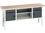 Kastenwerkbank Bott verso, Multiplex-Platte, 2 Schubladen, 2 Türen, 1 Ablageboden, B 2000 x T 600 x H 830 - 930 mm, Lichtgrau / Anthrazitgrau