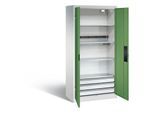 C+P Akkuladeschrank Basic mit Vollblechtüren und Schubladenblock, H 1950 x B 930 x T 500 mm, Lichtgrau/Rubinrot