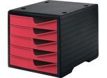 Schubladenbox styro® styroswing, 5 Schübe, Auszugsperre & Griffmulde, stapelbar, B 270 x T 340 x H 255 mm, Polystyrol, schwarz-cranberry