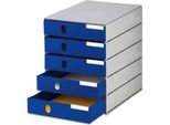 styro® Schubladenbox Styroval Pro, 5 Schubladen, geschlossen, B 243 x T 335 x H 323 mm, DIN C4, Polystyrol, stapelbar, öko-blau
