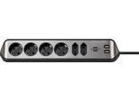 Steckdosenleiste brennenstuhl estilo, 6-fach, 2 USB-Ladebuchsen, IP20, Kabellänge 2 m, L 365 x B 60 x T 110 mm, Edelstahl & Kunststoff, schwarz-silber