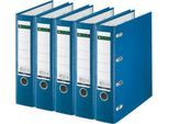 LEITZ® Doppelordner 1012, 2 x A5, Rückenbreite 75 mm, Präzisions-Hebelmechanik, Sichttasche für Rückenschild, Griffloch, Polypropylen, blau, 5 Stück