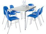Tischgruppe, mit Stapelstuhl BETA, Bezug blau, 6 Stück + Konferenztisch, B 1600 x T 800 mm, lichtgrau