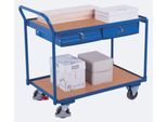 Leichter Tischwagen, Stahl/MDF-Platte, Enzianblau/Buche-Dekor, 2 Etagen, L 985 x B 605 mm, 2 Schubladen, TPE-Rollen mit EasySTOP, bis 250 kg
