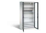 C+P Akkuladeschrank Basic mit Sichtfenster aus Acrylglas und Schubladenblock, H 1950 x B 930 x T 500 mm, Lichtgrau/Lichtblau