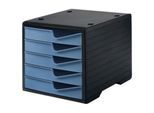 Schubladenbox styro® styroswing, 5 Schübe, Auszugsperre & Griffmulde, stapelbar, B 270 x T 340 x H 255 mm, Polystyrol, schwarz-taubenblau