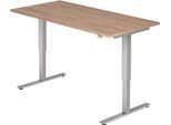 Schreibtisch ULM, elektrisch höhenverstellbar, Rechteck, T-Fuß, B 1600 x T 800 x H 720-1190 mm, Nussbaum/alusilber + Kabelwanne