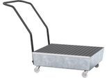 Auffangwanne ASECOS, Stahl, fahrbar, mit Gitterrost, 60 l Auffangvolumen, B 635 x T 810 x H 980 mm, verzinkt