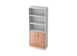Regalschrank, B 800 x T 420 x H 2004 mm, 5 OH, 5 Böden, 2 Türen, abschließbar, weiß/Nussbaum-Dekor