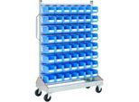 Sichtrollwagen f. Sichtlagerkästen, einseitig, B 1130 x T 510 x H 1705 mm, 56 x 3 l blau