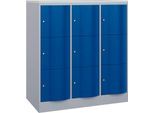 C+P Schließfachschrank Resisto, 3 Abteile, 9 Fächer, B 1148 x T 640 x H 1255 mm, Weißalu/Enzianblau