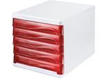 Schubladenbox helit, 5 Schübe, DIN A4, B 265 x H 250 x T 340 mm, Polypropylen, Gehäuse weiß/Schublade rot transparent