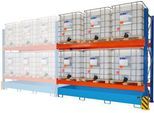 BAUER Umwelt-Anbauregal UR-A 3300-2, Palettenregal, B 3400 x T 1300 x H 3000 mm, für max. 6 IBC, Auffangwanne 1000 l, lichtblau/verkehrsblau/reinorange