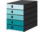 Schubladenbox Styro Styroval Pro Color Flow, für Formate bis C4, 5 geschlossene Schübe, 100 % Polystyrol-Regenerat, aqua/schwarz, Farbverlauf