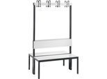 Garderobenbank Basic Plus, 2-seitig, Rückenlehne, ohne Schuhrost, Fußgestell schwarzgrau RAL 7021, B 1000 mm, Dekor weiß