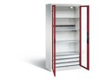 C+P Akkuladeschrank Basic mit Sichtfenster aus Acrylglas und Schubladenblock, H 1950 x B 930 x T 500 mm, Lichtgrau/Lichtblau