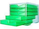 Schubladenbox styro® styroswing NEONline, 5 Schübe, Auszugsperre & Griffmulde, stapelbar, B 270 x T 340 x H 255 mm, Polystyrol, transparent-neongrün