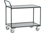 Tischwagen Fetra, 2 Etagen, L 1000 x B 600 mm, bis 300 kg, 2 Schiebebügel, Lenk- & Bockrollen, Holz & Stahl, anthrazitgrau RAL 7016