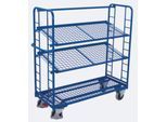 Etagenwagen, Stahl/Drahtgitter, Enzianblau, 3 Etagen, 1355 x 550 mm, Stirnwände mit Rundstahlverstrebung, EasySTOP, bis 250 kg