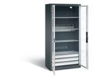 C+P Akkuladeschrank Basic mit Sichtfenster aus Acrylglas und Schubladenblock, H 1950 x B 930 x T 500 mm, Lichtgrau/Lichtblau